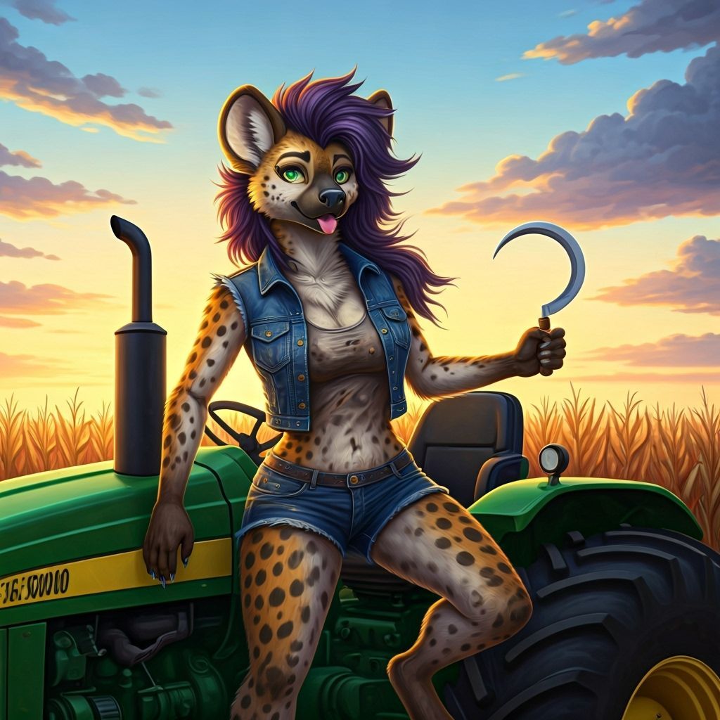 Anthropomorphic Hyena on Tractor in Nebraska Cornfield