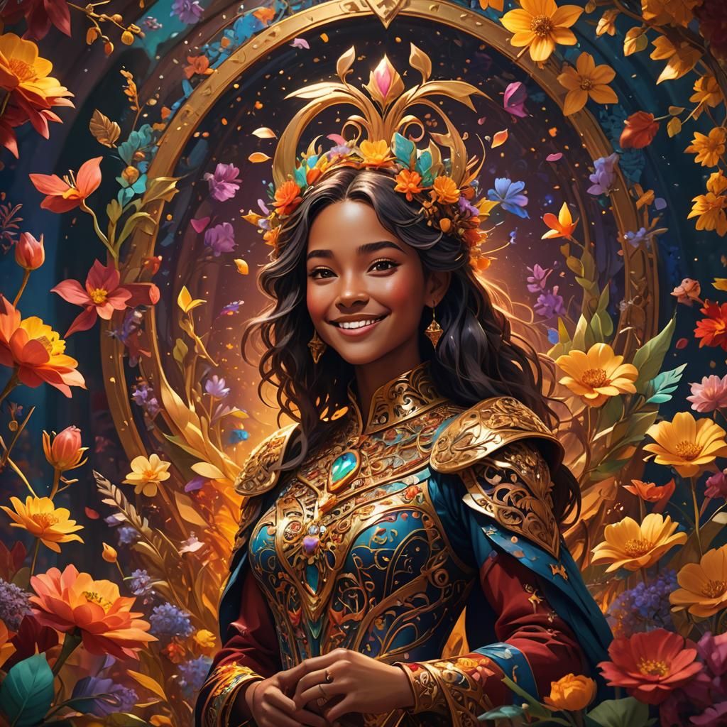 Vibrant Fantasy Art of Smiling Person with Golden Accents