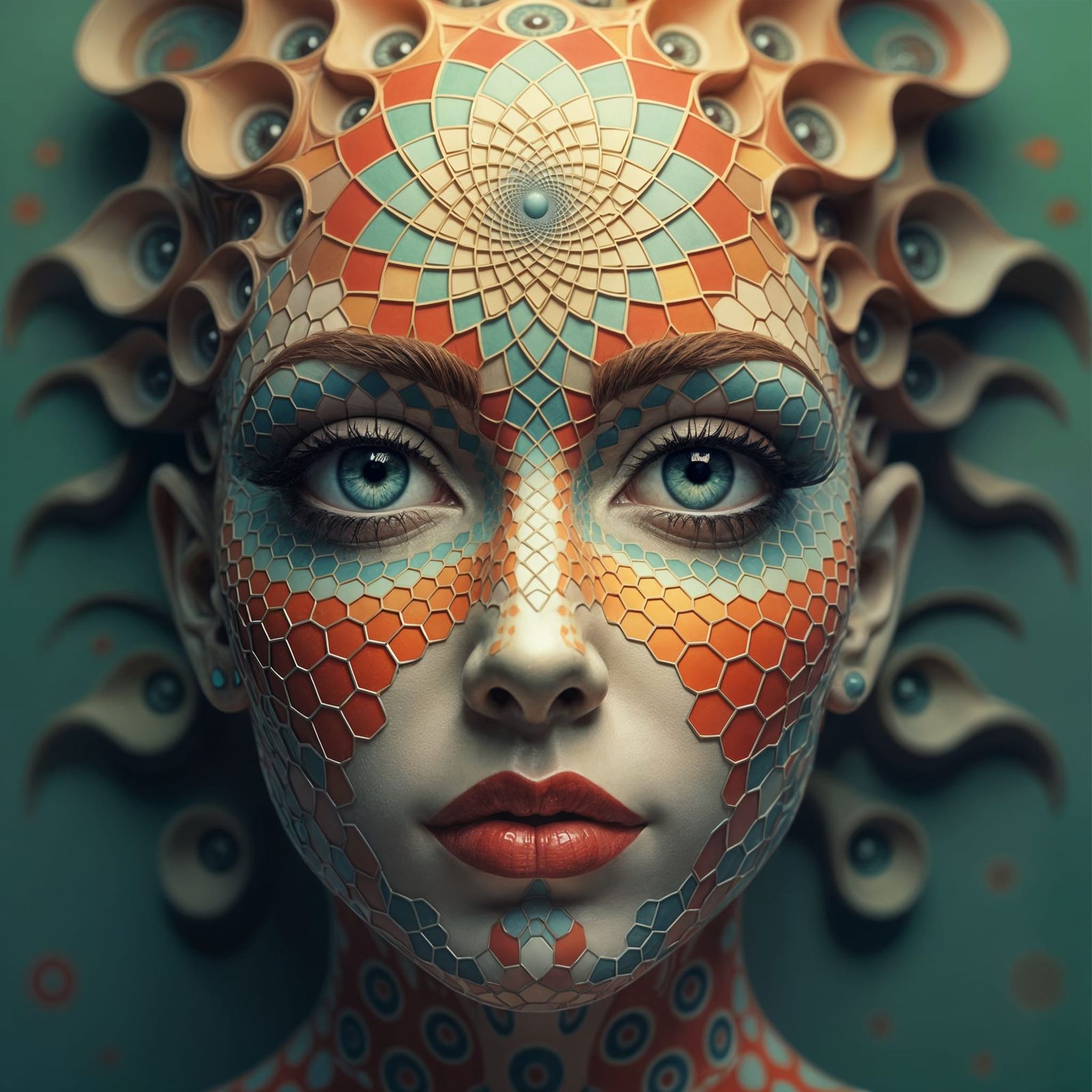 Trypophobia Face with Real Eyes in Kandinsky-Bisley Style