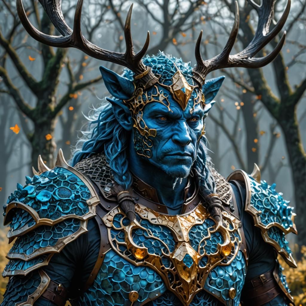 Muscular Blue Firbolg with Honeycomb Armor in 3D