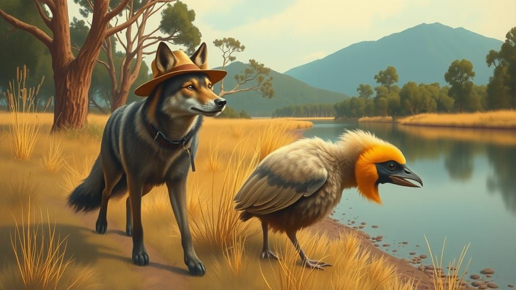 Tasmanian Wolf and Dodo Bird by Pond