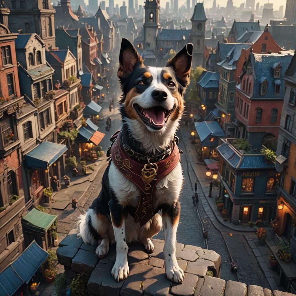Smiling Dog in City: Detailed Matte Painting