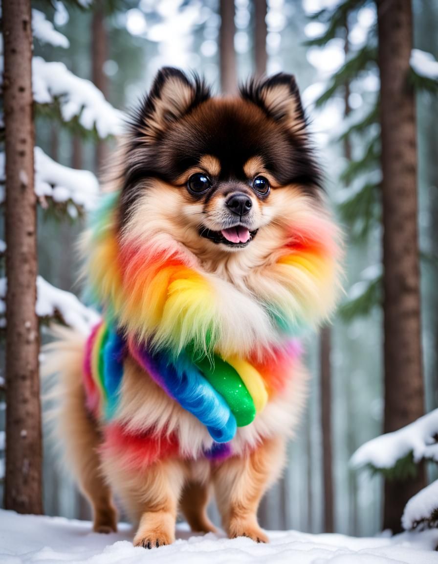 Rainbow Pomeranian Puppy in Winter Forest