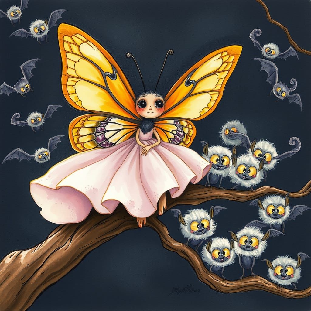 Butterfly and Bats in Whimsical Watercolor Style