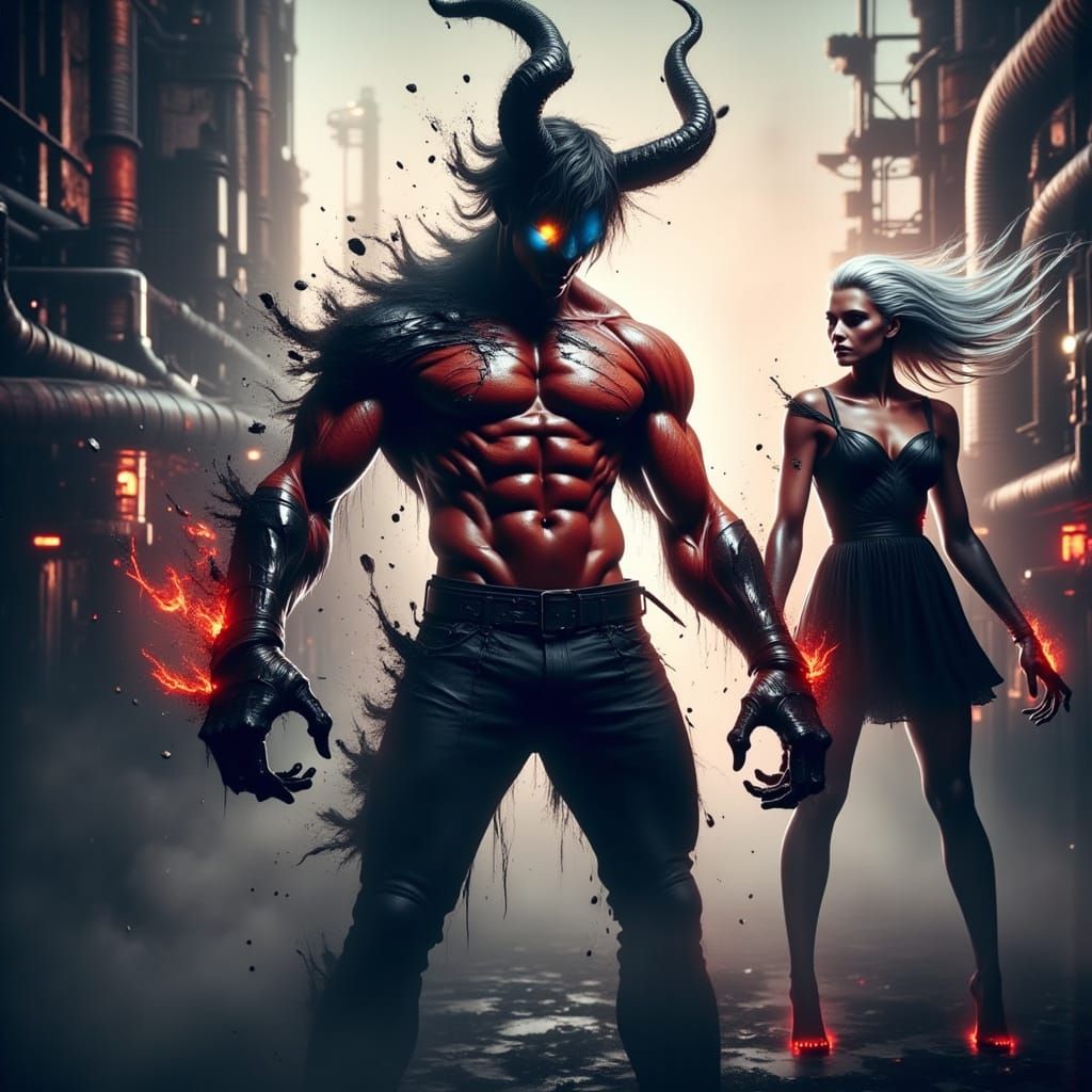 Cyberpunk Dawn Face-Off: Warriors in Neon City