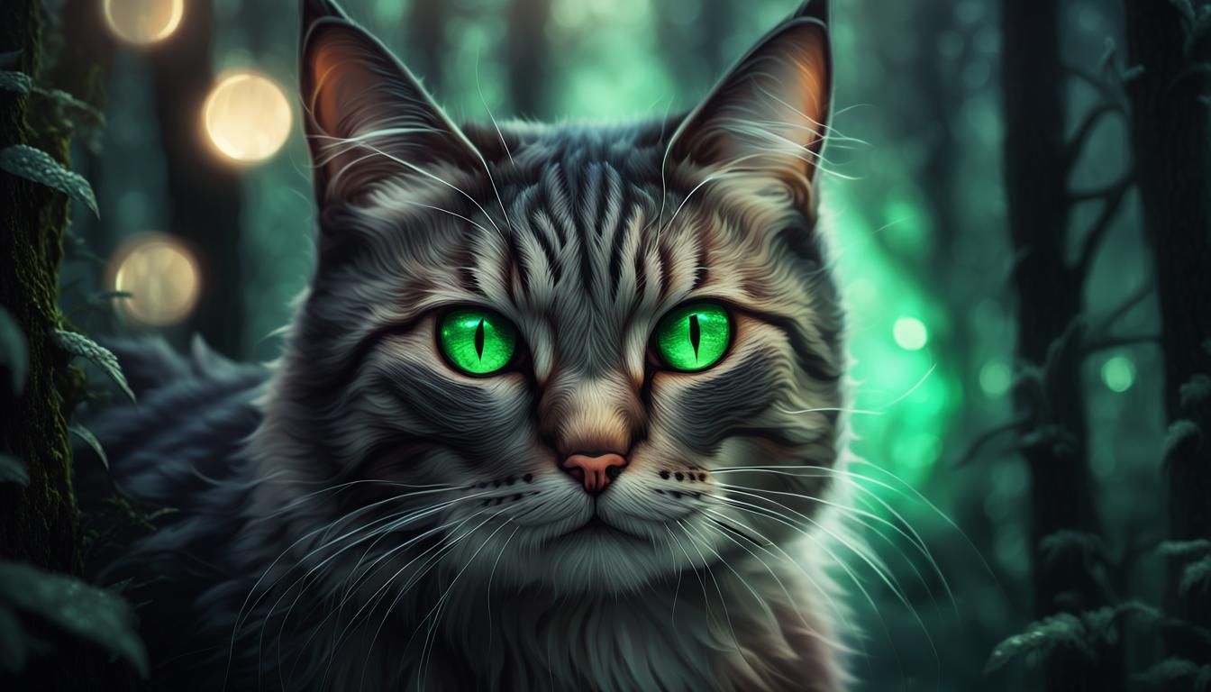 Mystical Cat Portrait in Dark Forest with Bokeh