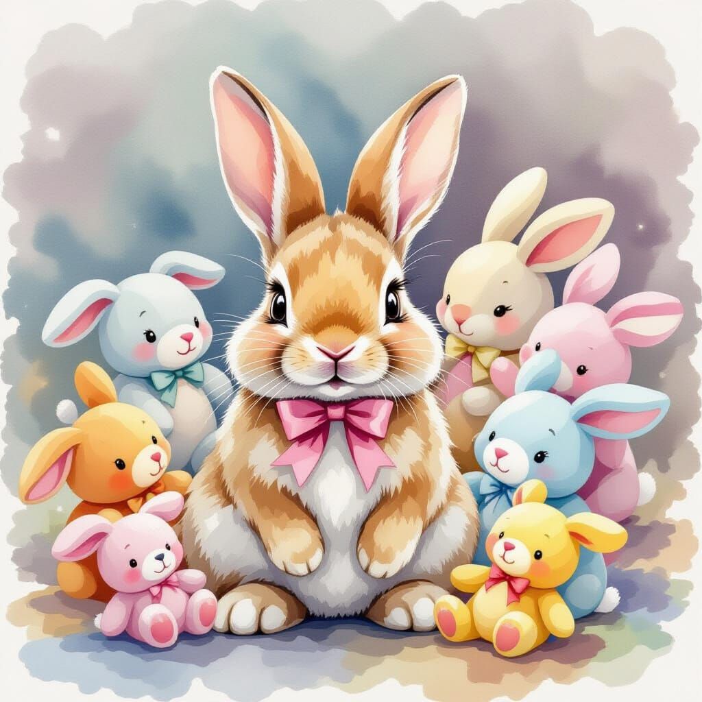 Watercolor Rabbit Among Plush Toys