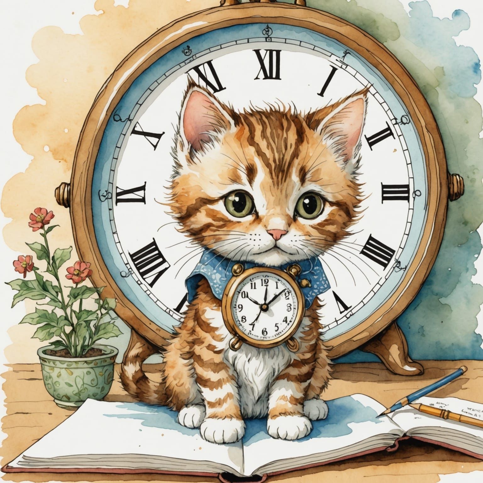 Fluffy Kitten Stares at Clock in Storybook Illustration