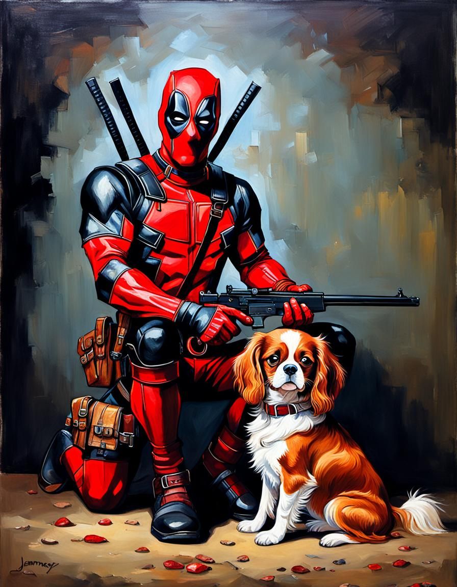 Deadpool and Spaniel Portrait in Oil