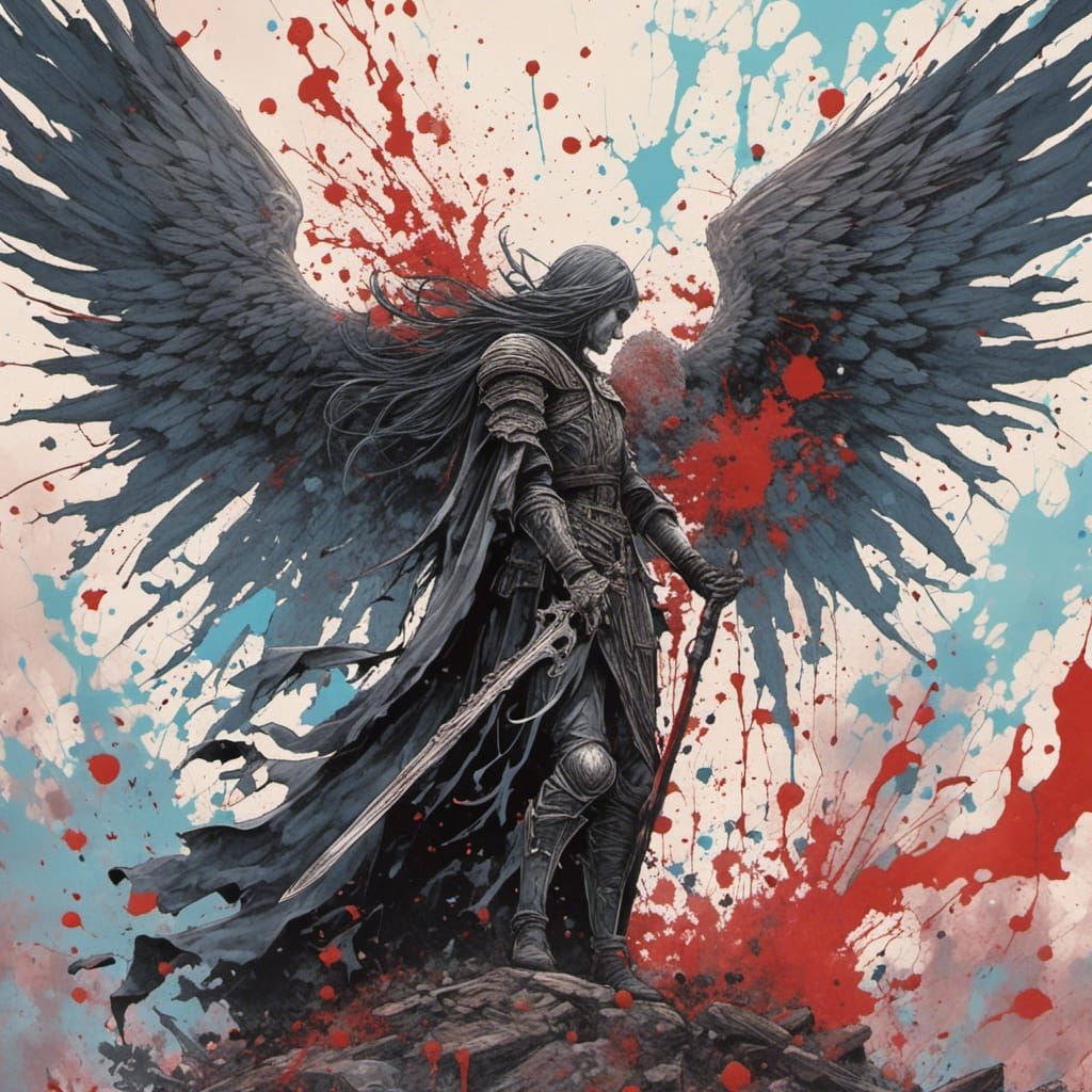 Angel Kissing Death Dealer in Watercolor Graffiti