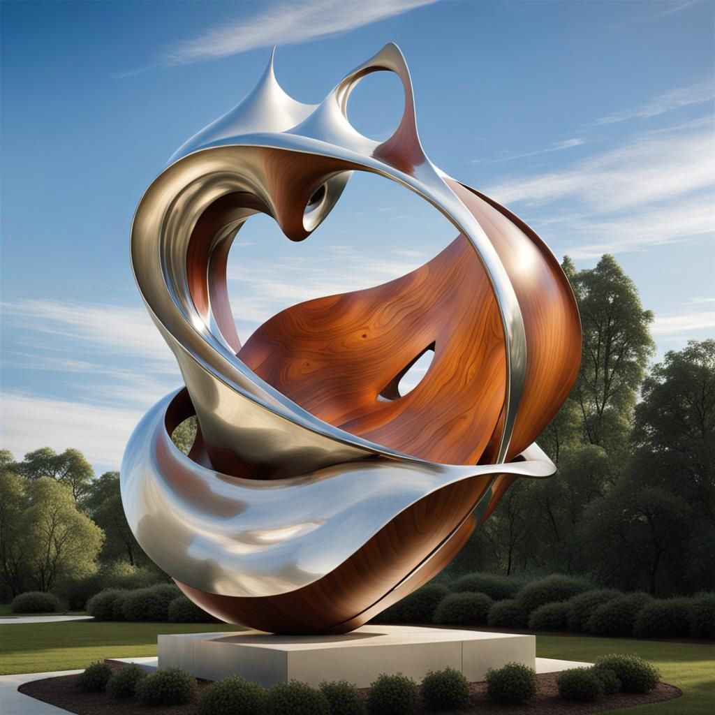 Exquisite Abstract Sculpture in Polished Wood and Silver