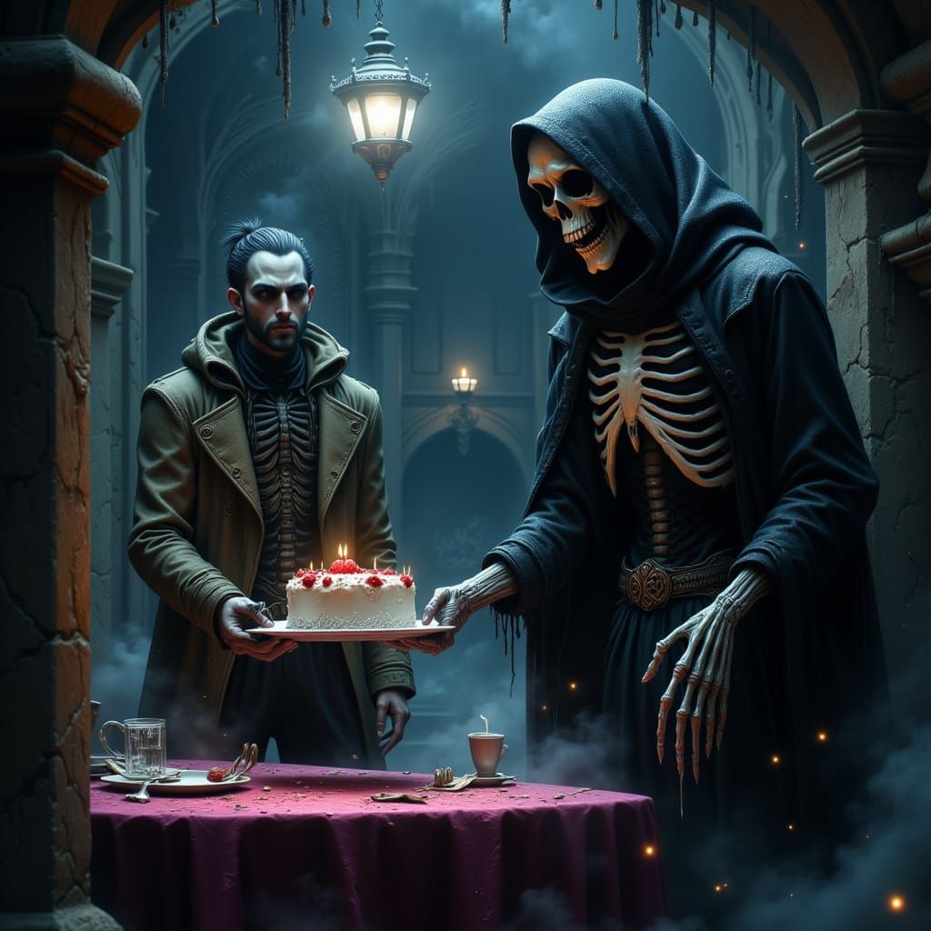 Grim Reaper Offers Cake or Death in Dark Fantasy Style