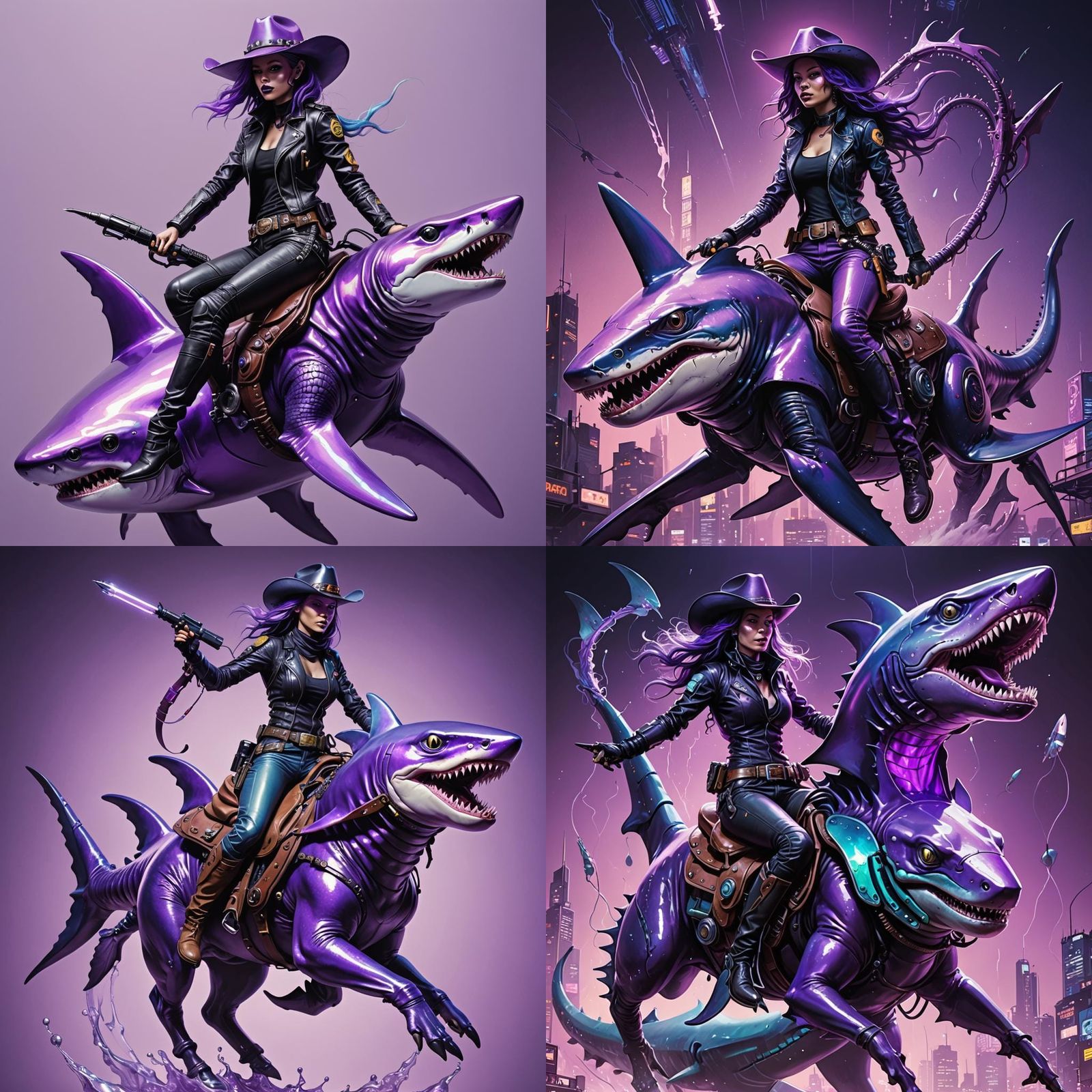 Cyberpunk Alien Cowgirl Rides Iridescent Shark