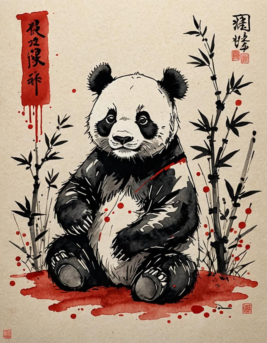 Panda in Chinese Ink Art Style Sketch