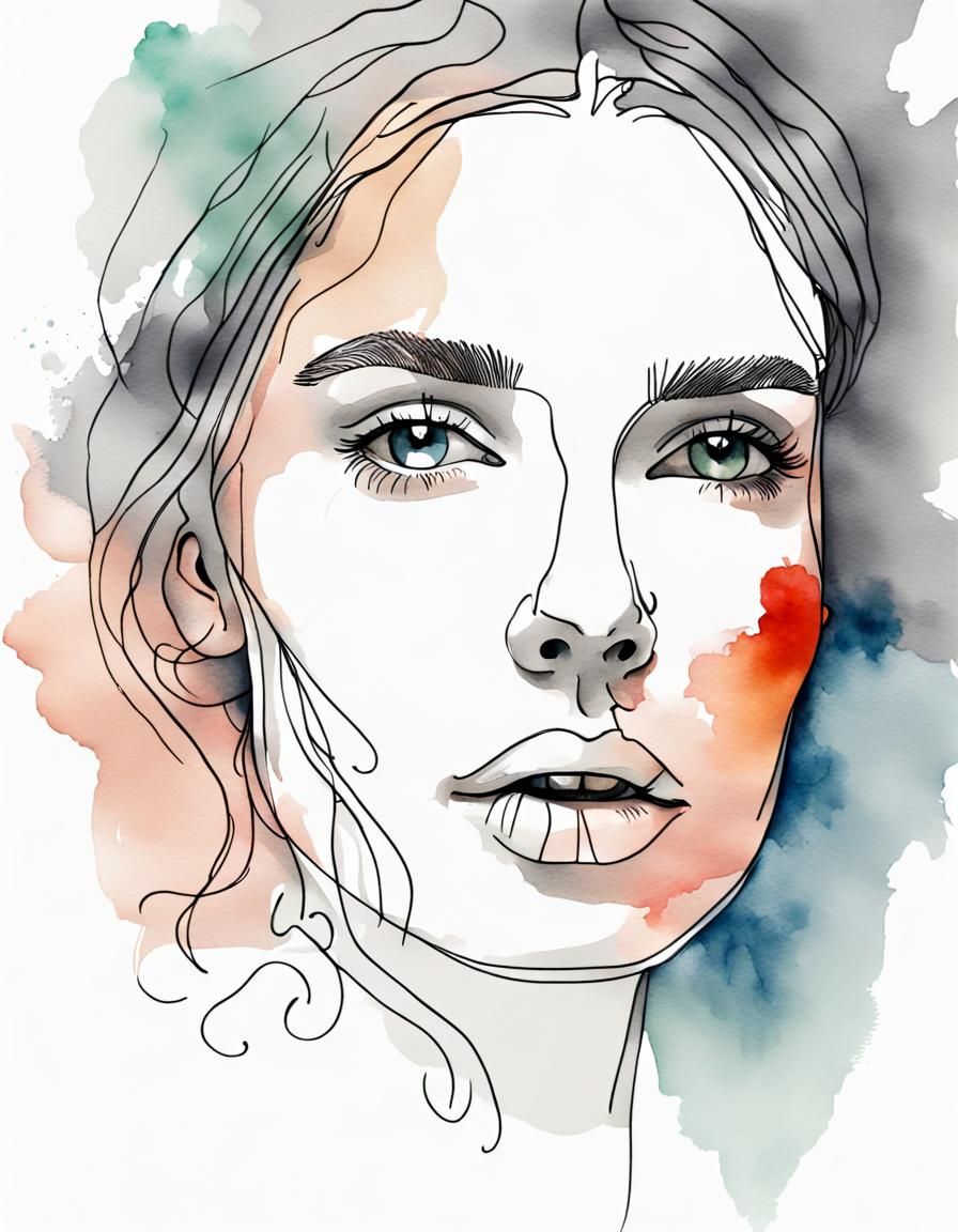 Watercolor One Line Art Portrait of French Beauty