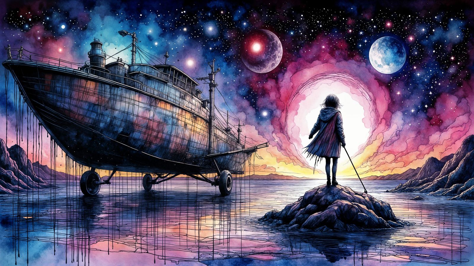 Star Journey in Ink Crosshatching Style