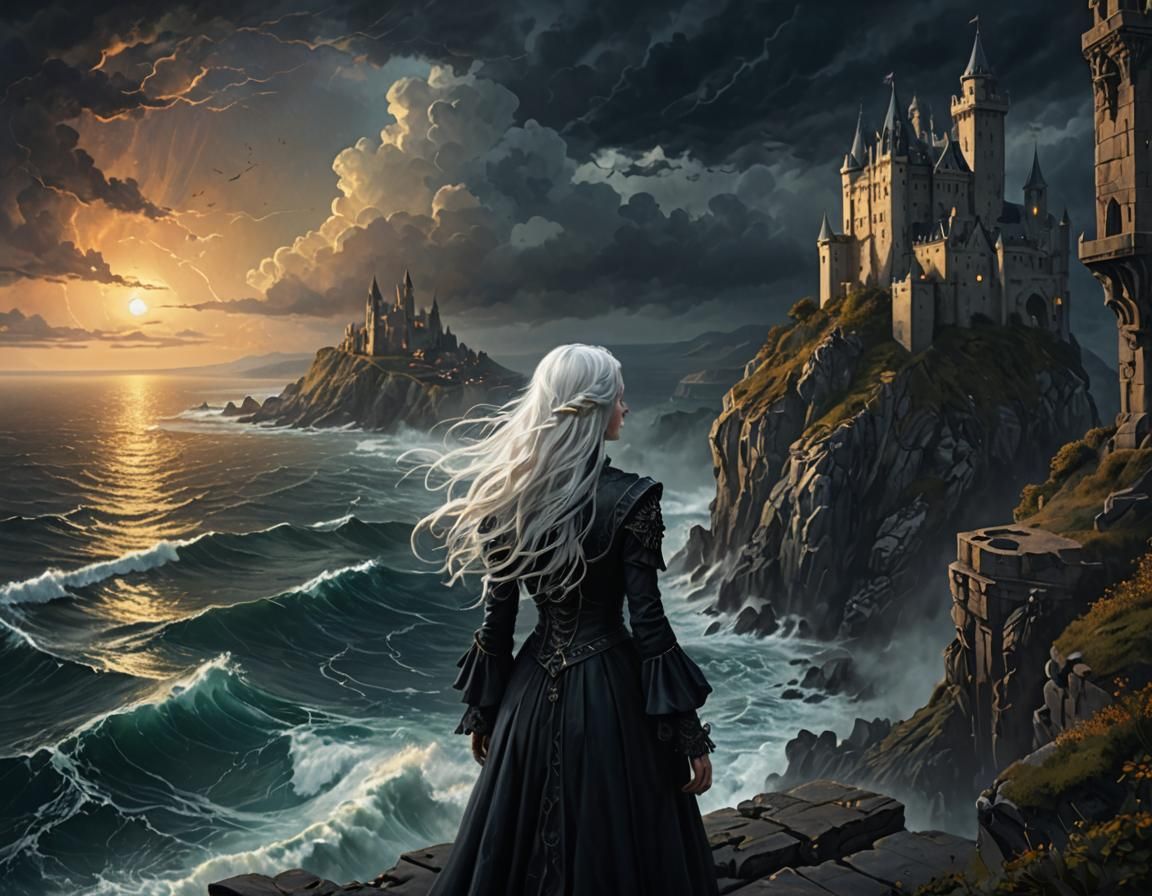 Gothic Lady Overlooking Stormy Sea and Castle