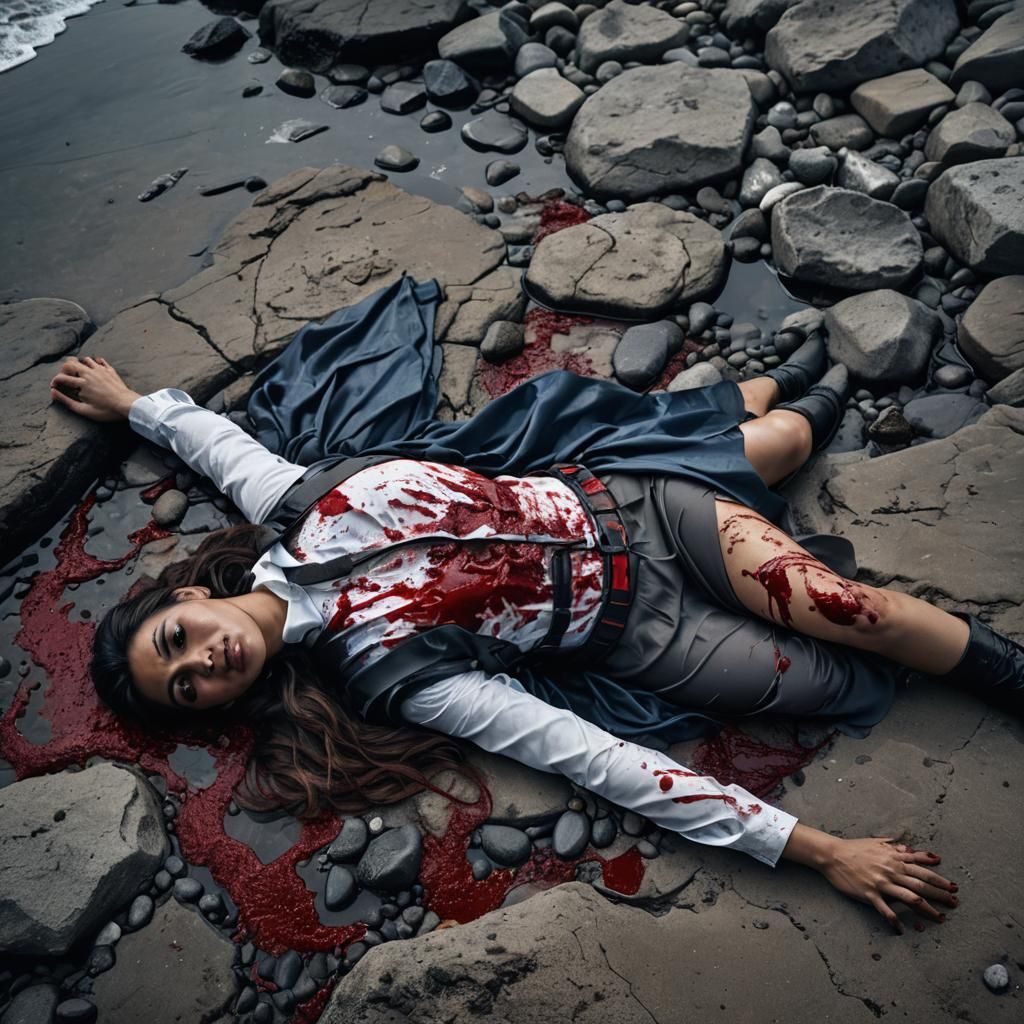 Disturbing Crime Scene: Young Woman on Rocky Shore