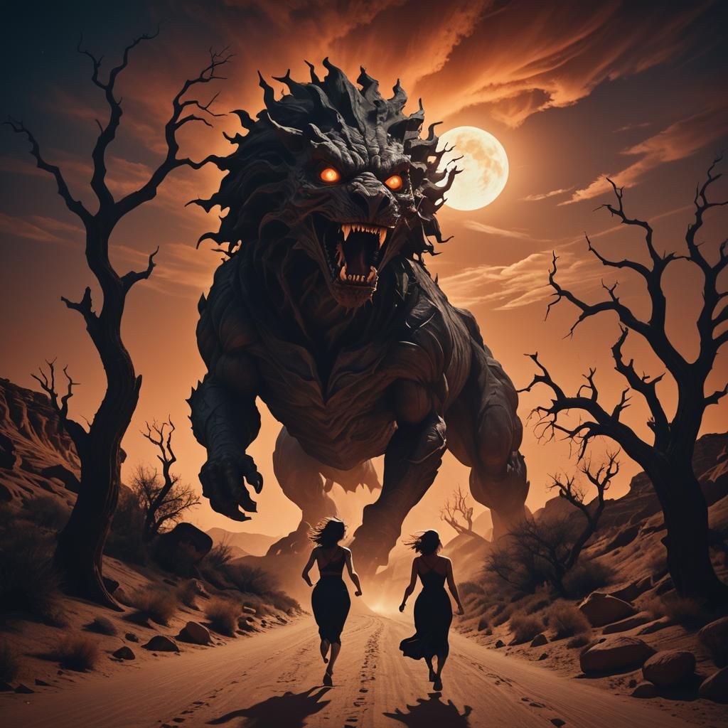 Woman Pursued by Shadow Beast in Surreal Canyon