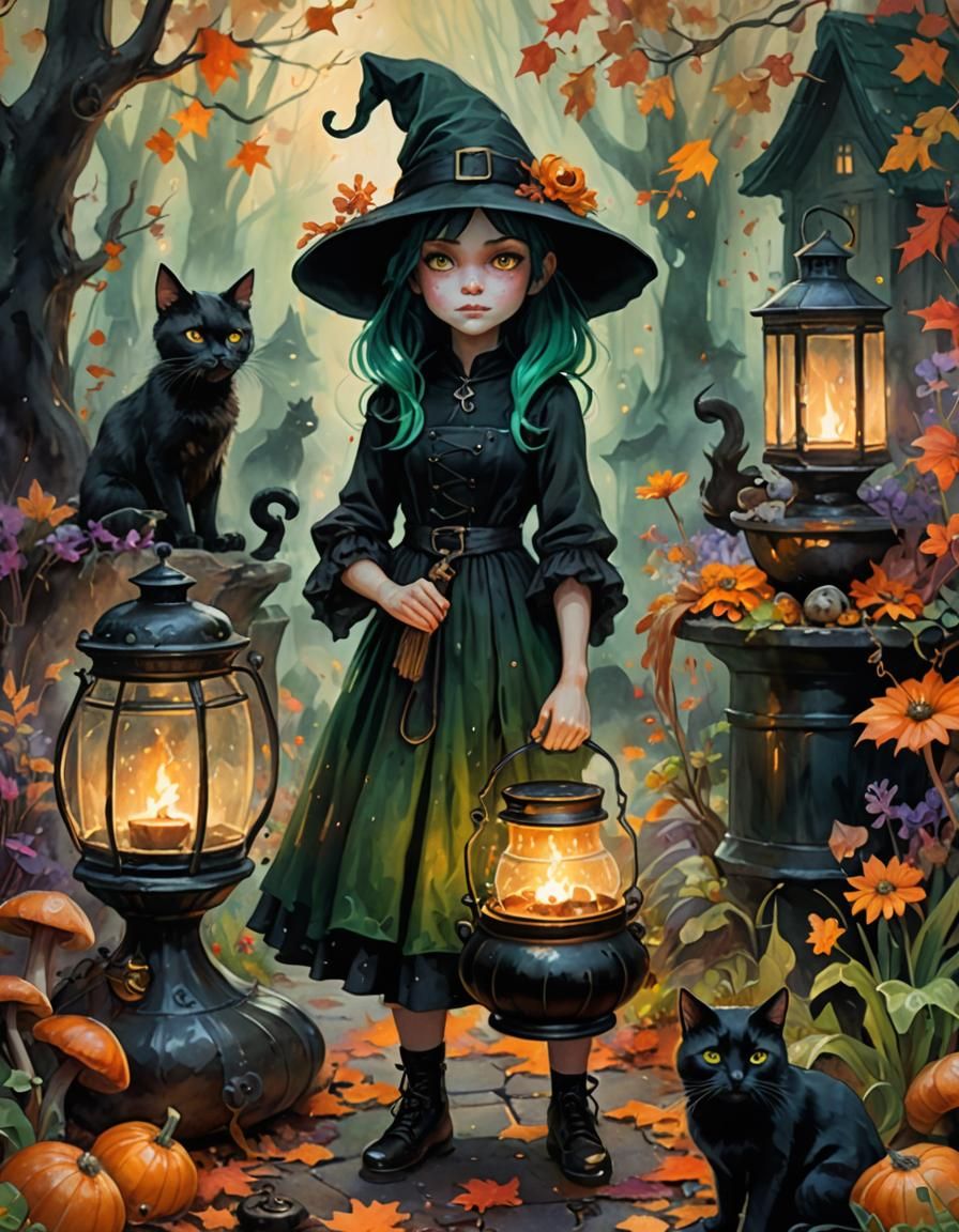 Enchanting Little Witch with Cauldron, Fantasy Art