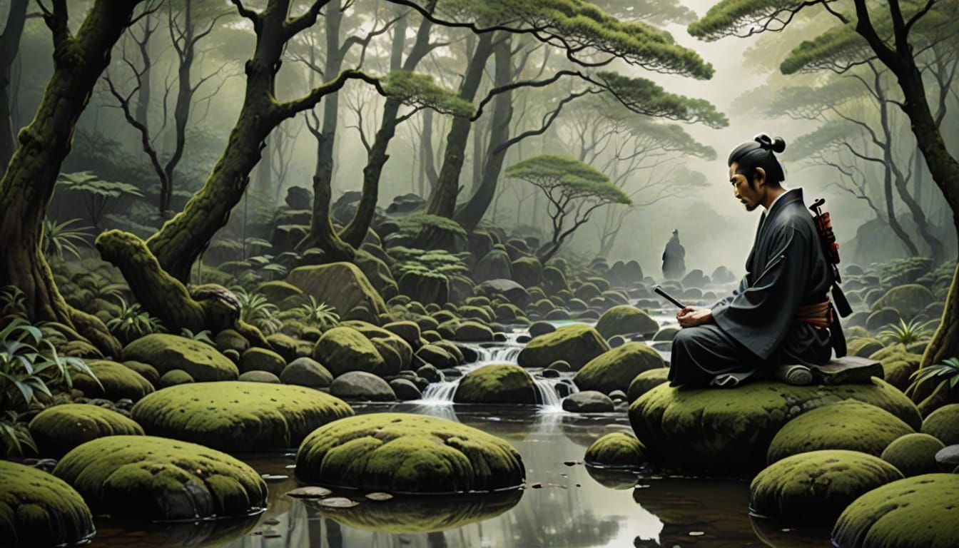 Samurai Meditation in Sumi-e Ink Wash Style