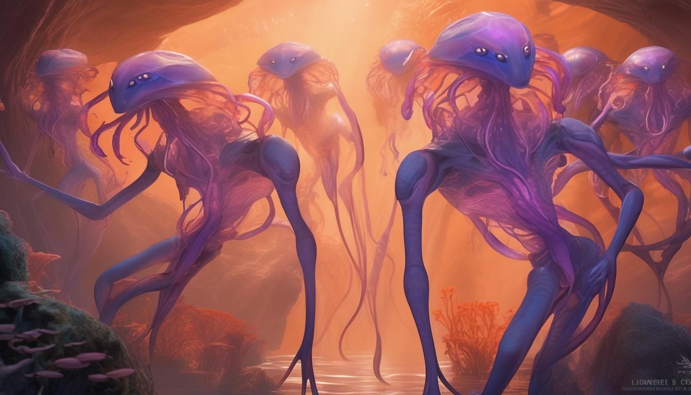 Alien Humanoids in Bioluminescent Landscape