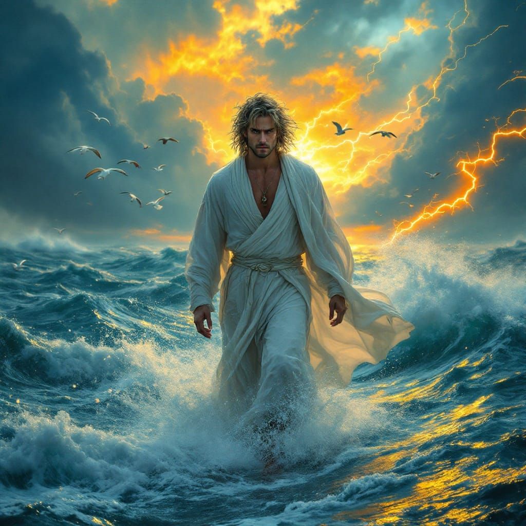 Man Walks on Stormy Ocean at Fiery Sunrise