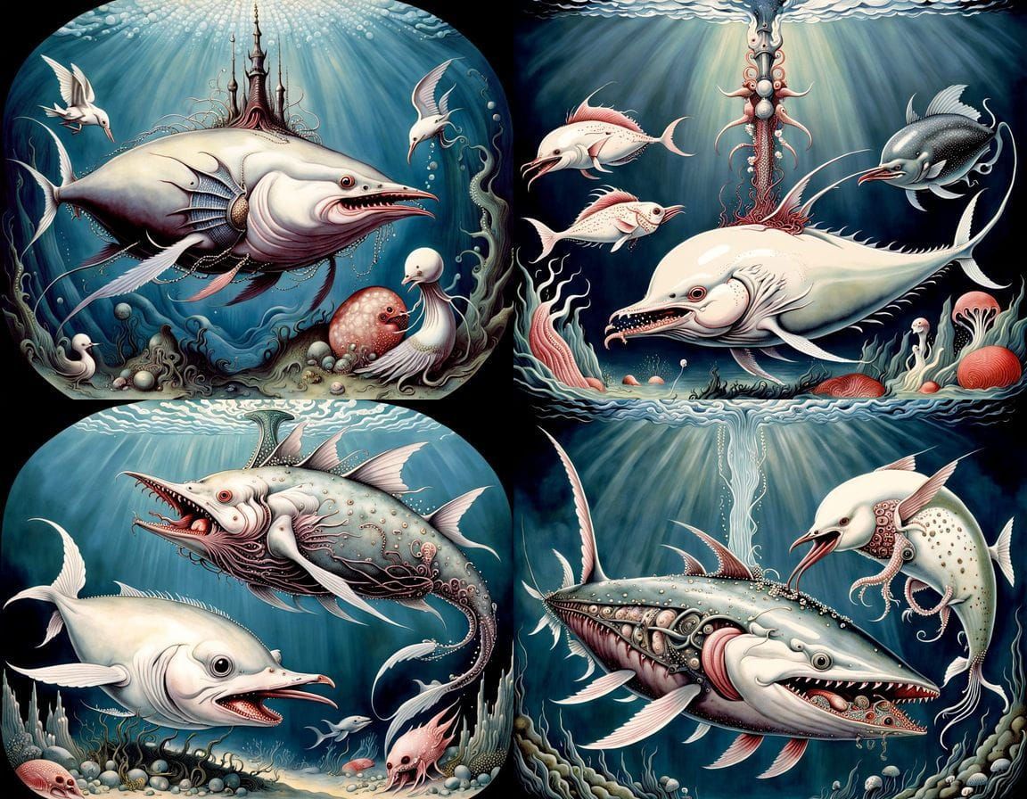 Surreal Underwater Scene with Homunculus, Seagull, and Sword...