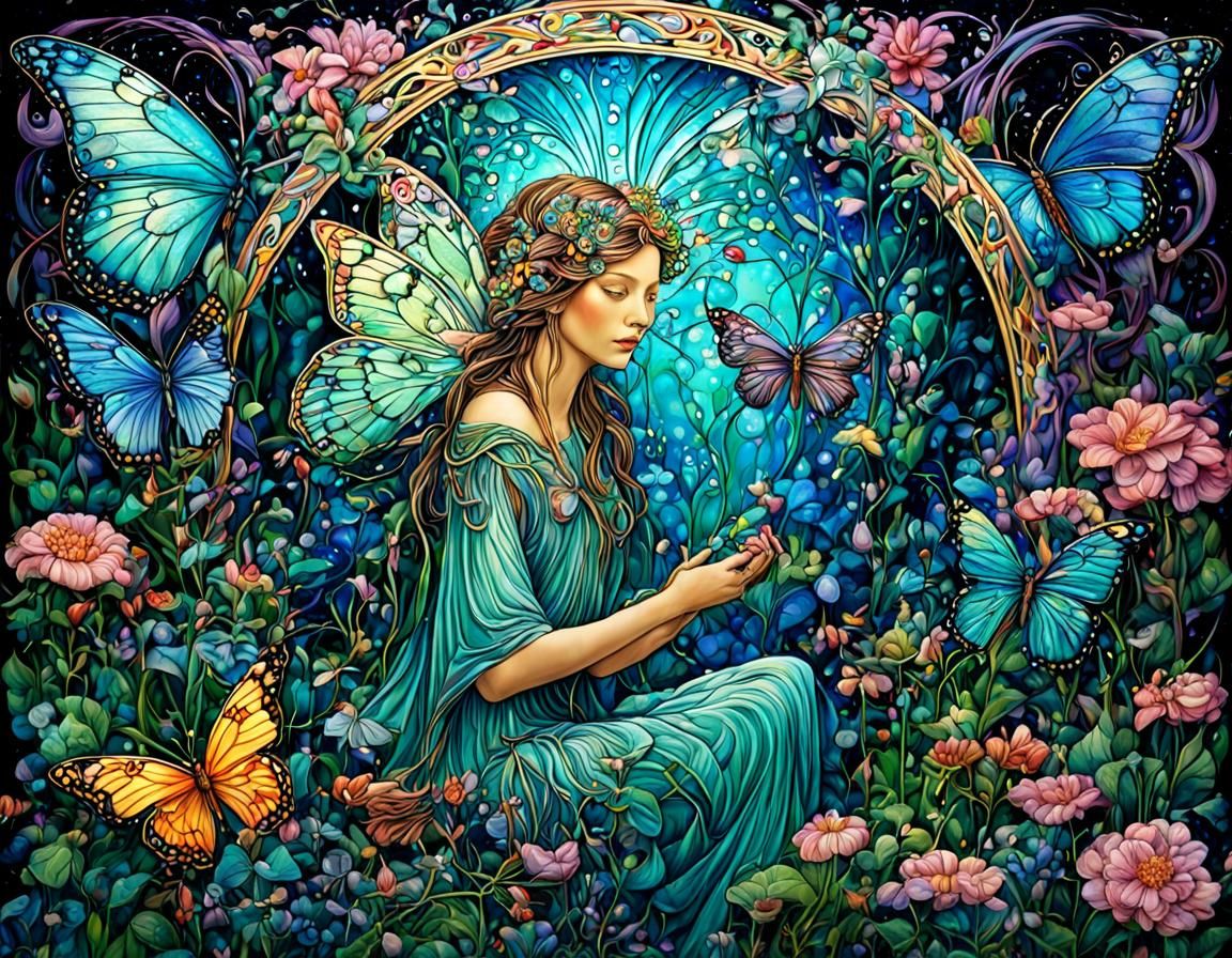 Ethereal Butterfly Garden in Visionary Art Nouveau Style