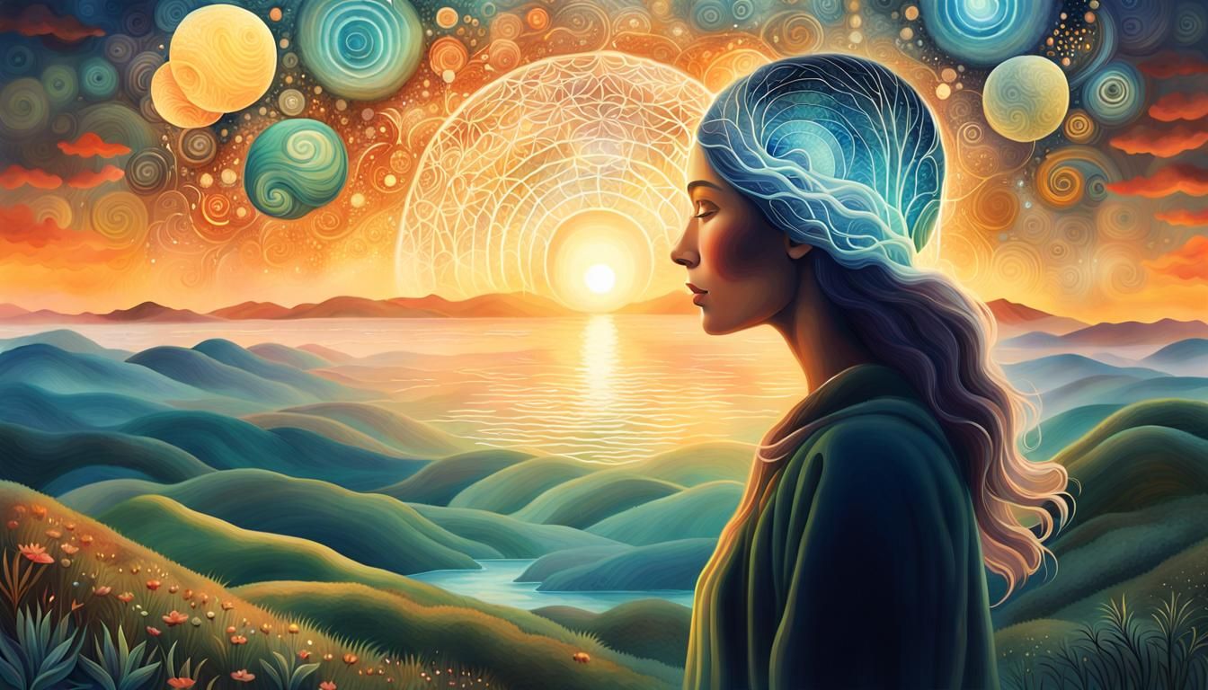 Serene Landscape with Central Female Figure in Bio Art Style