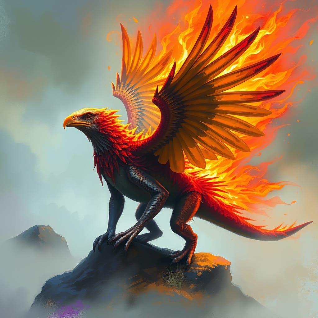 Fiery Eagle-Lizard Hybrid in Dreamlike Landscape