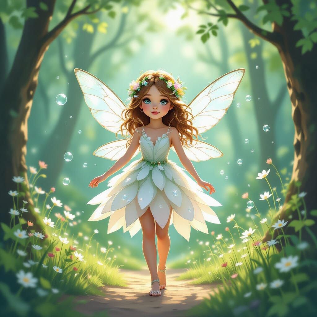 Forest Sprite in Glass Petal Dress with Shimmering Bubbles