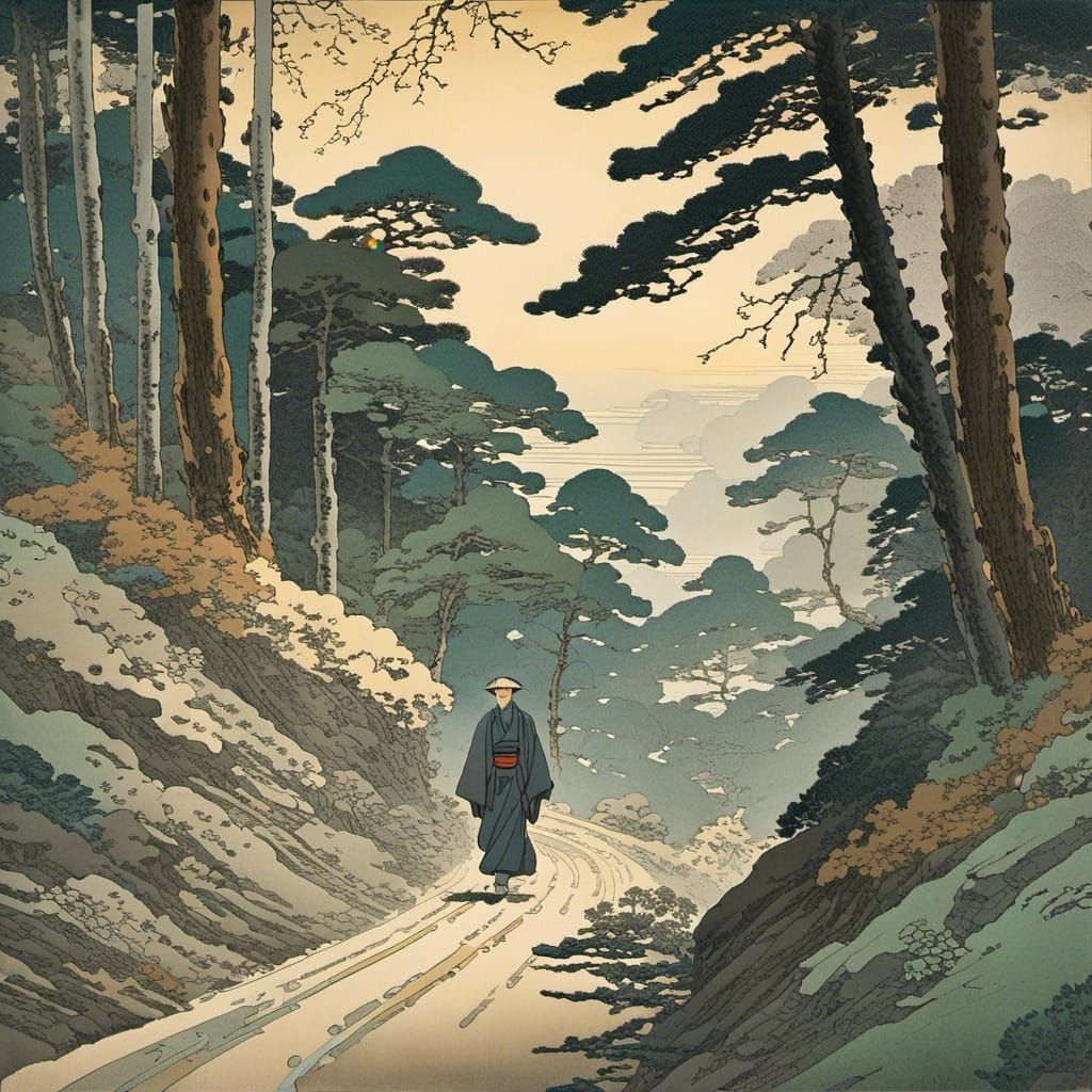 <lora:bamboozled:1.0> Ukiyo-e. Medium shot. A monk walks on ...