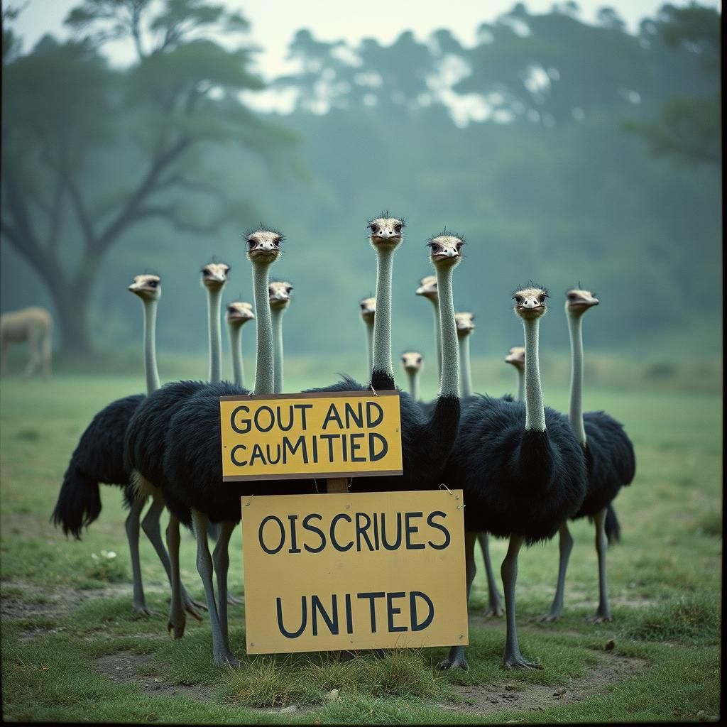 Emus with Ostriches Unite Sign: Cinematic Film Still