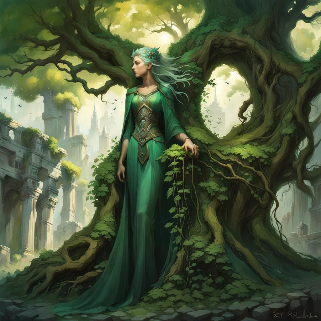 Tree Elemental Heals City Ruins in Art Nouveau Style