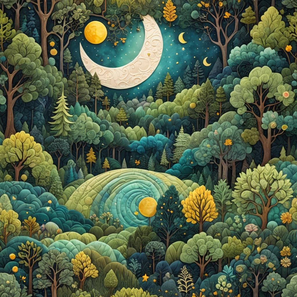 Quilted Moon Over Fantasy Forest: 3D Digital Art