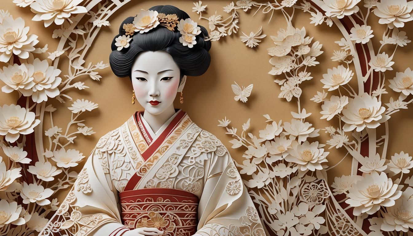 Japanese Empress Kirigami Portrait in Hyperrealistic Style