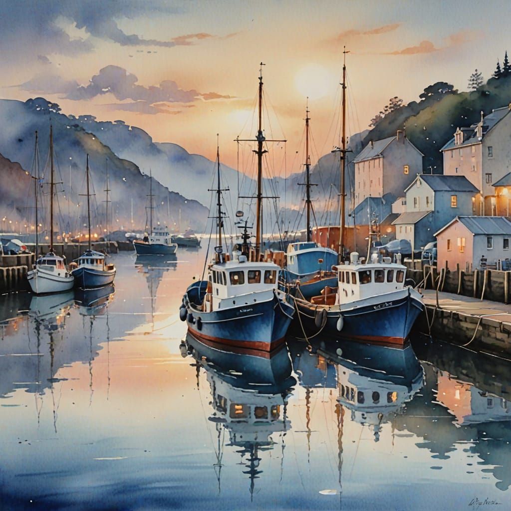 Harbour at Dawn Watercolour Impressionist Painting