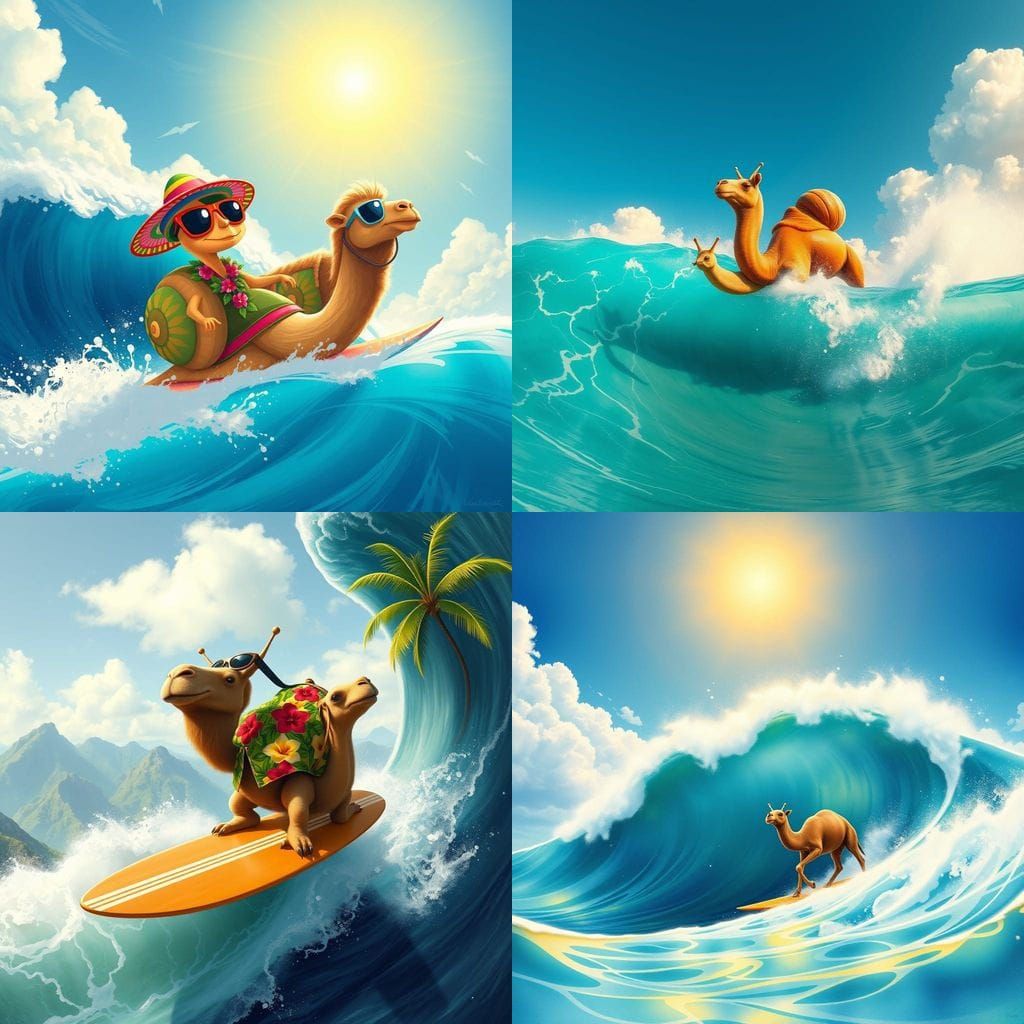 Snail and Camel Riding Big Waves on a Sunny Day