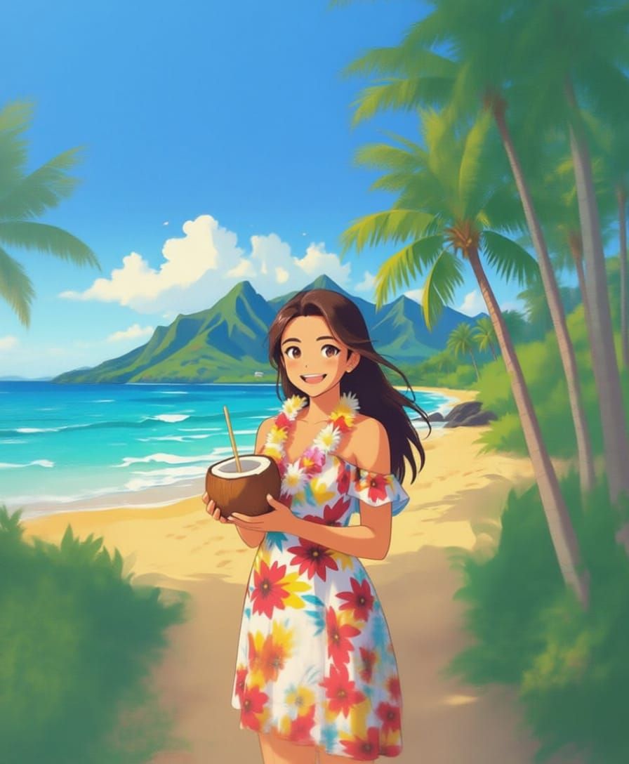 Woman in Hawaii with Coconut, Impressionistic Oil Painting