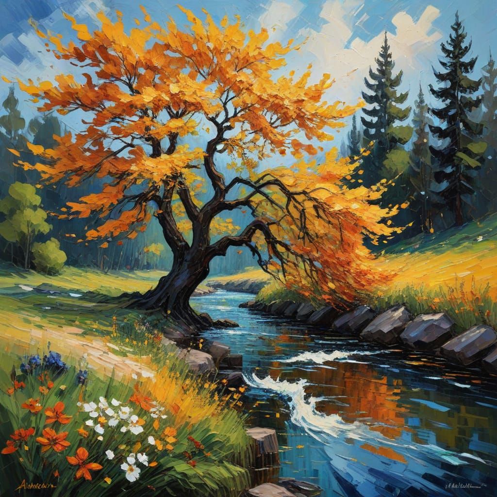 Majestic Tree in Vibrant Neo-Impressionist Style
