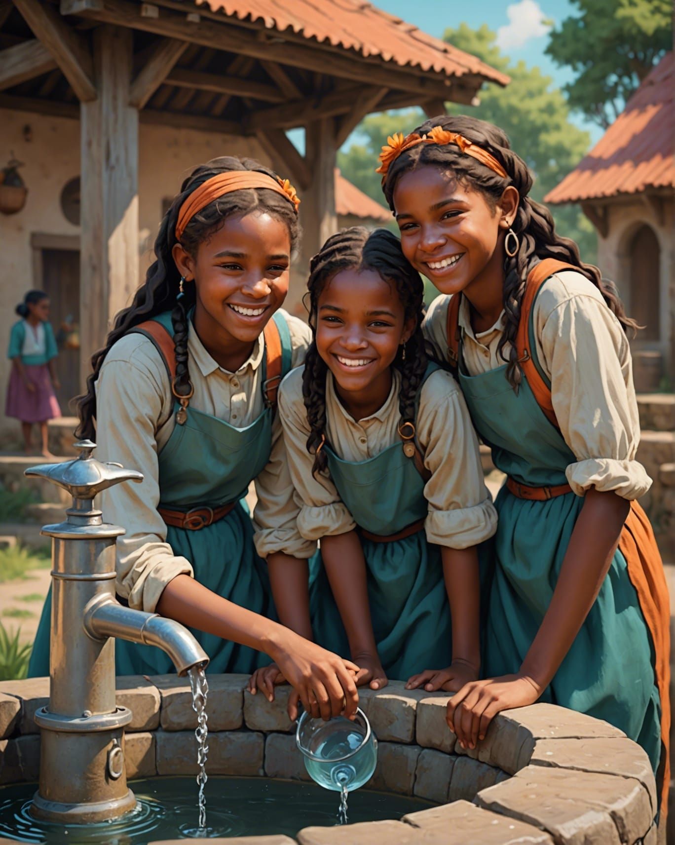 Village Girls Giggling at Well, Hyperdetailed Concept Art