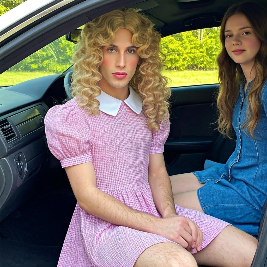 Androgynous Young Man in Peter Pan Dress with Purse