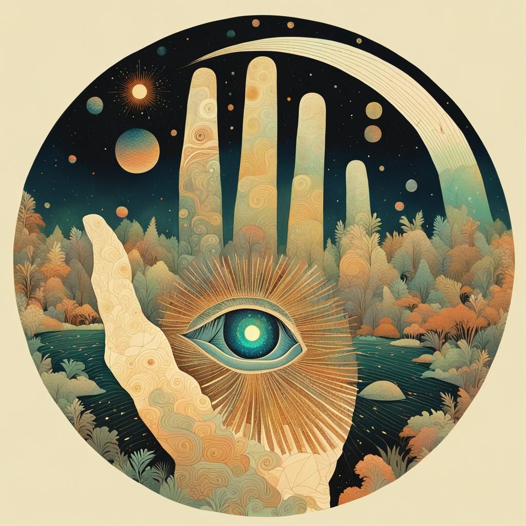 Surreal Hand with Eye: Cosmic Astral Illustration