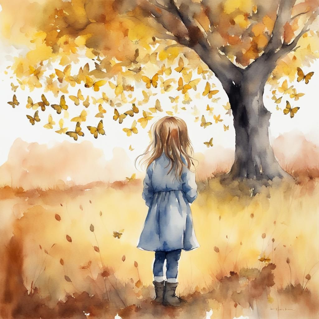 Watercolor Painting of Girl with Butterflies in Autumn