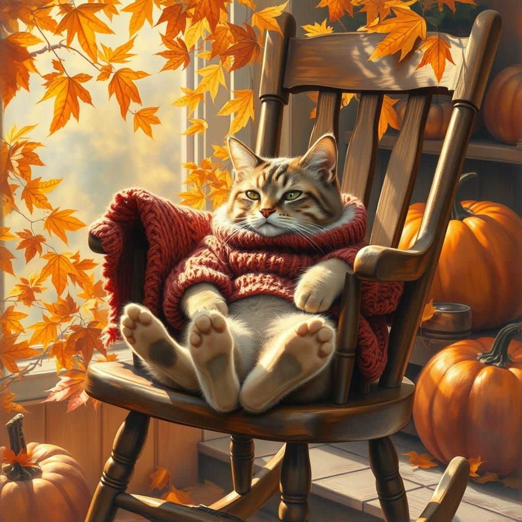 Cozy Cat on Rocker Surrounded by Autumn Bounty