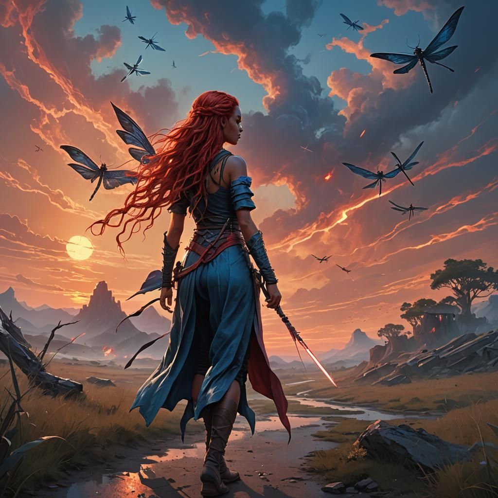 Sorceress Walks into Scarlet Sunset, Fantasy Concept Art