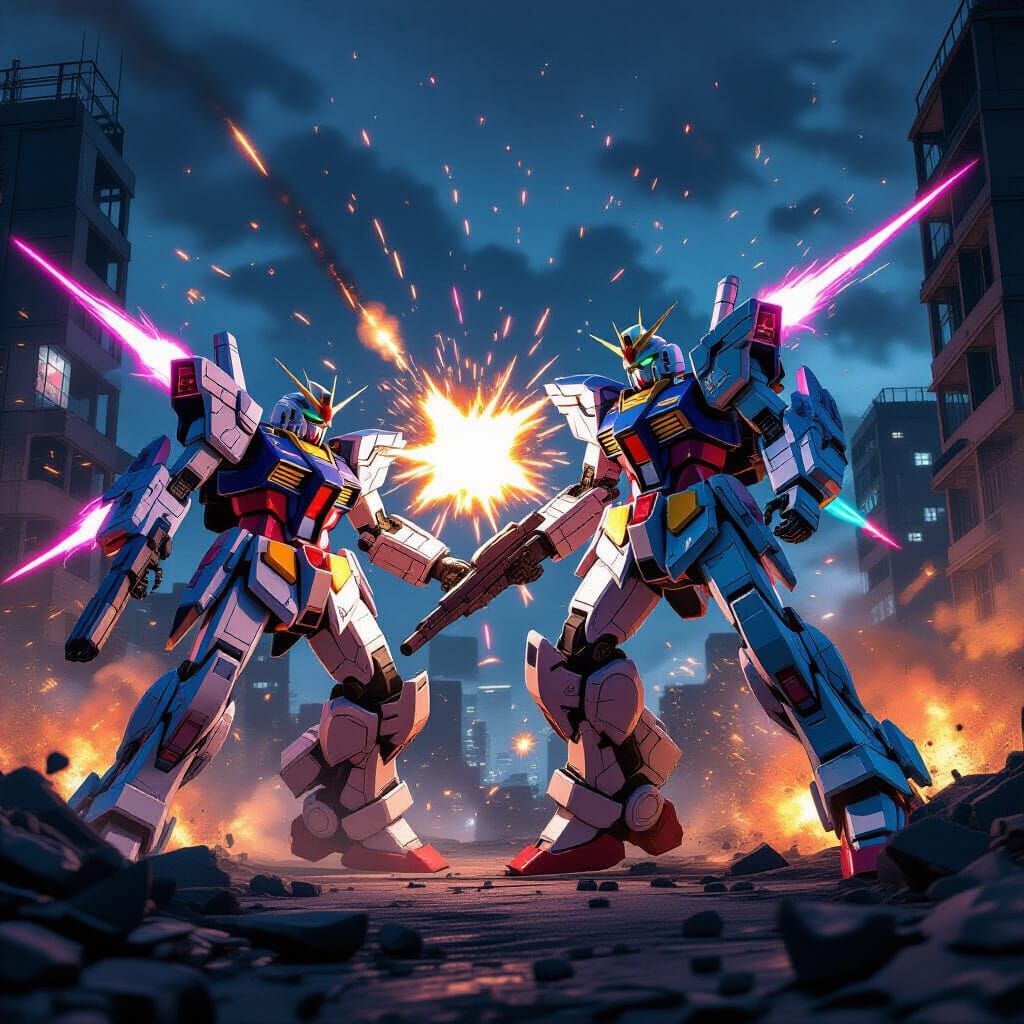 Giant Mecha Battle Royale in Ruined Cyberpunk City