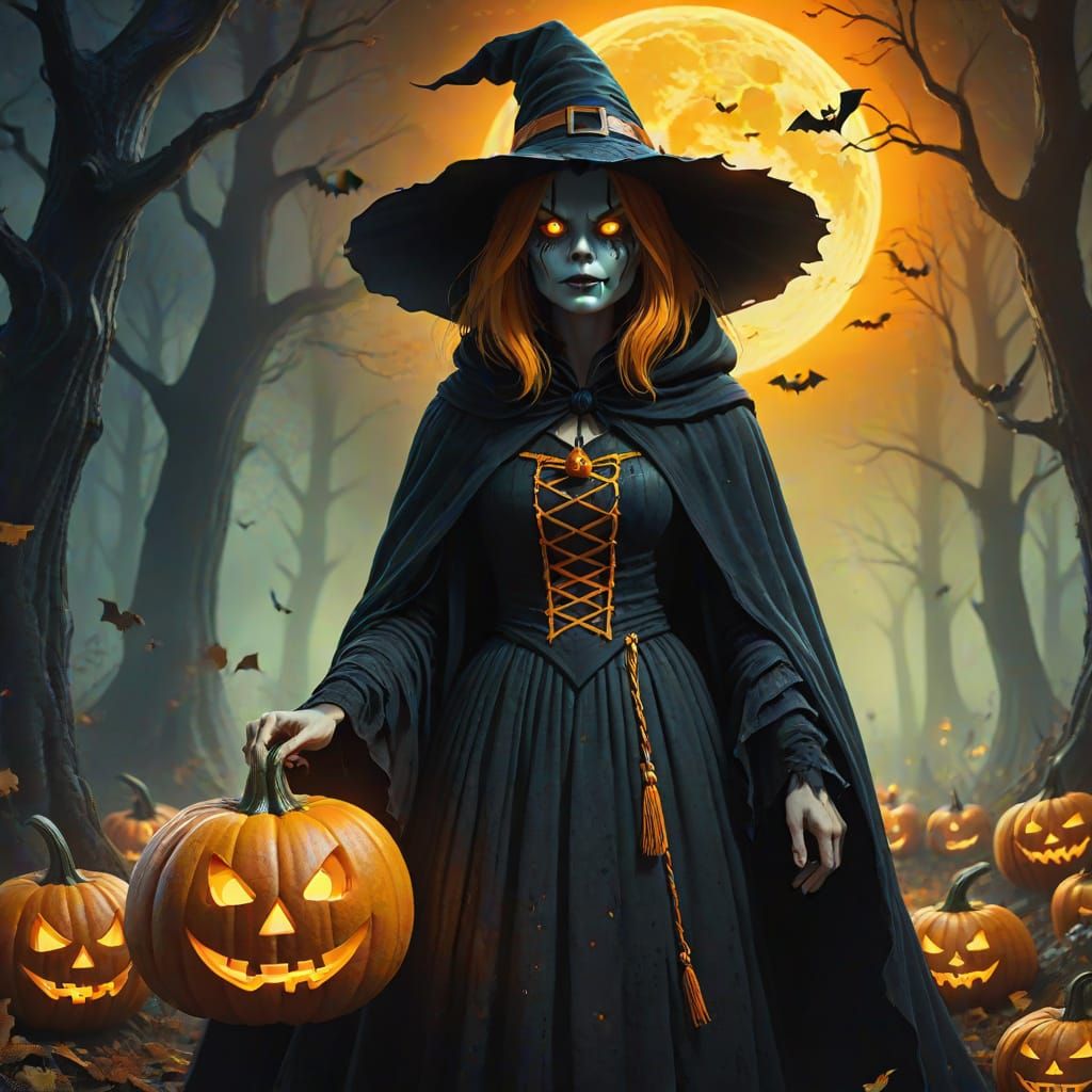 Pumpkin Witch in Misty Forest: Digital Art