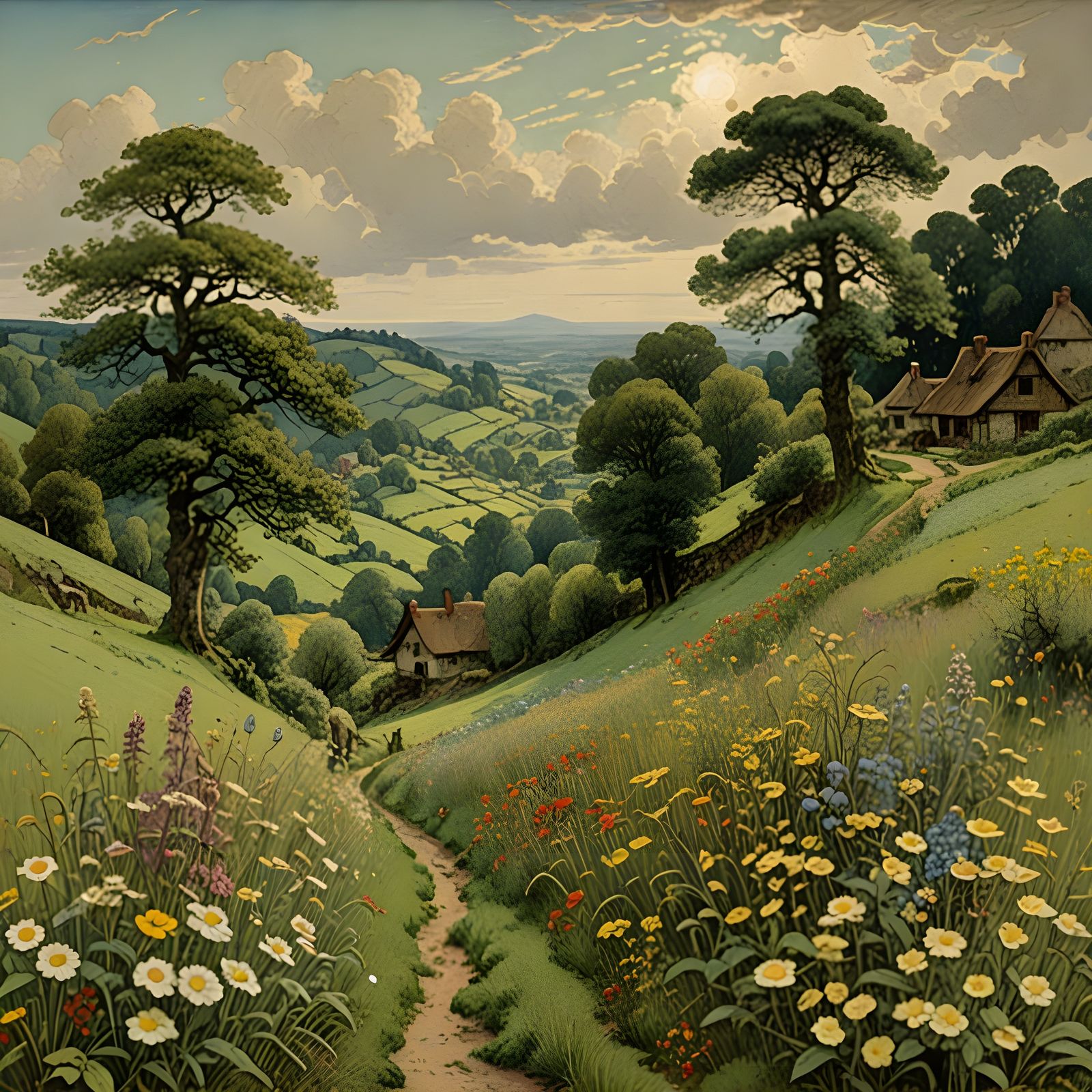 Idyllic English Countryside in Whimsical Watercolor Style